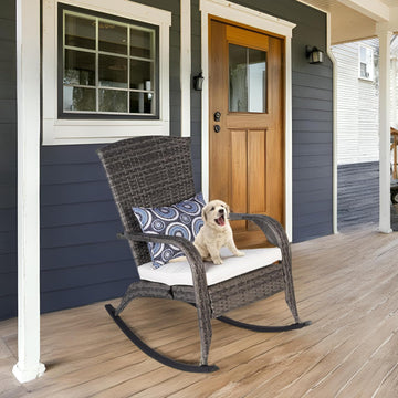 Outdoor Rocking Chair, Patio Rattan Rocker Chair with Cushions & Steel Frame, All Weather Porch Rocking Chair for