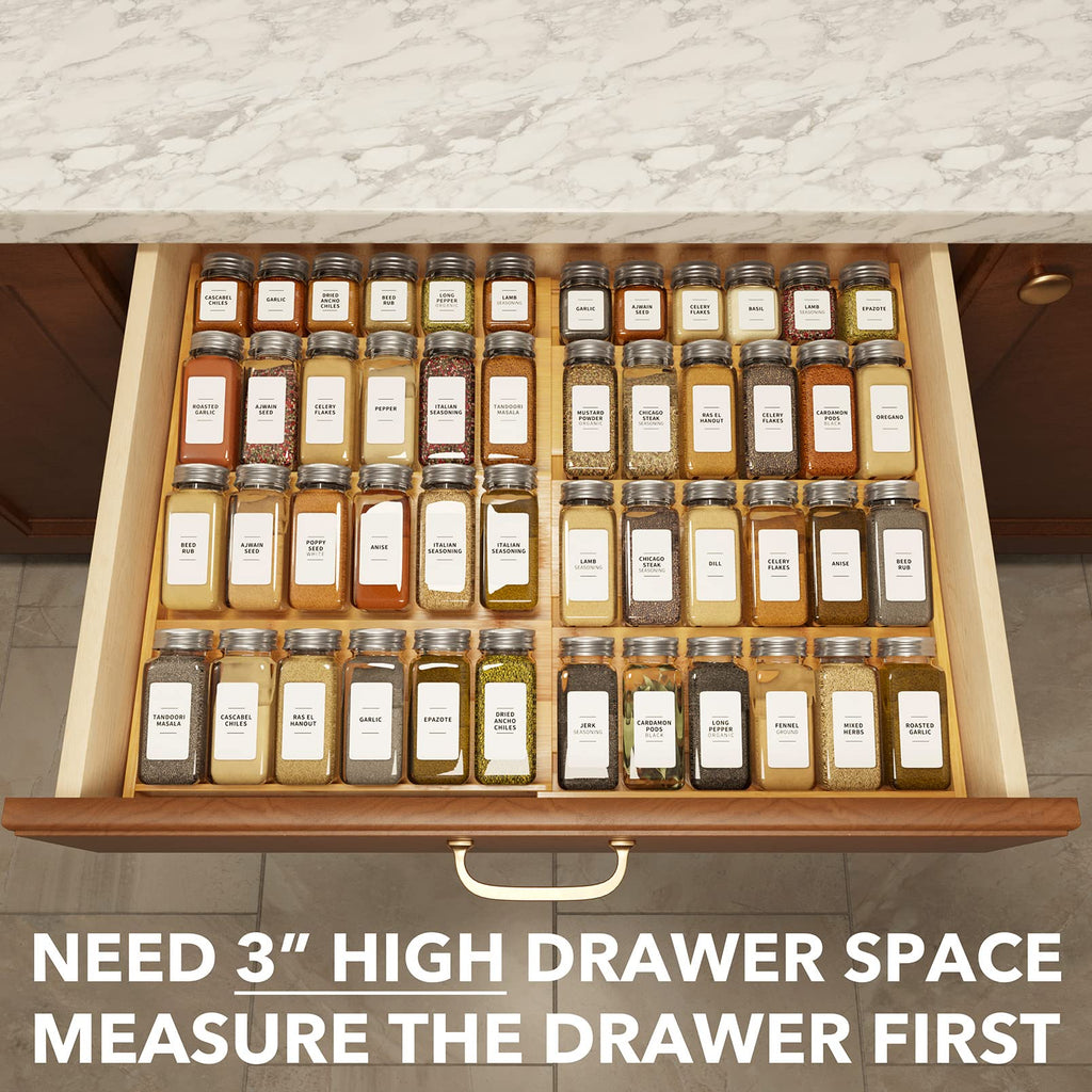Bamboo Spice Drawer Organizer, (Need 3" Deep Drawer) Expandable 4 Tier Spices Rack for Cabinet, Kitchen Seasoning