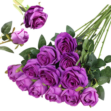 12PCS Artificial Silk Flowers Realistic Roses Bouquet Long Stem Wedding Decoration Party (Purple, 6 Flowers 6 Buds)