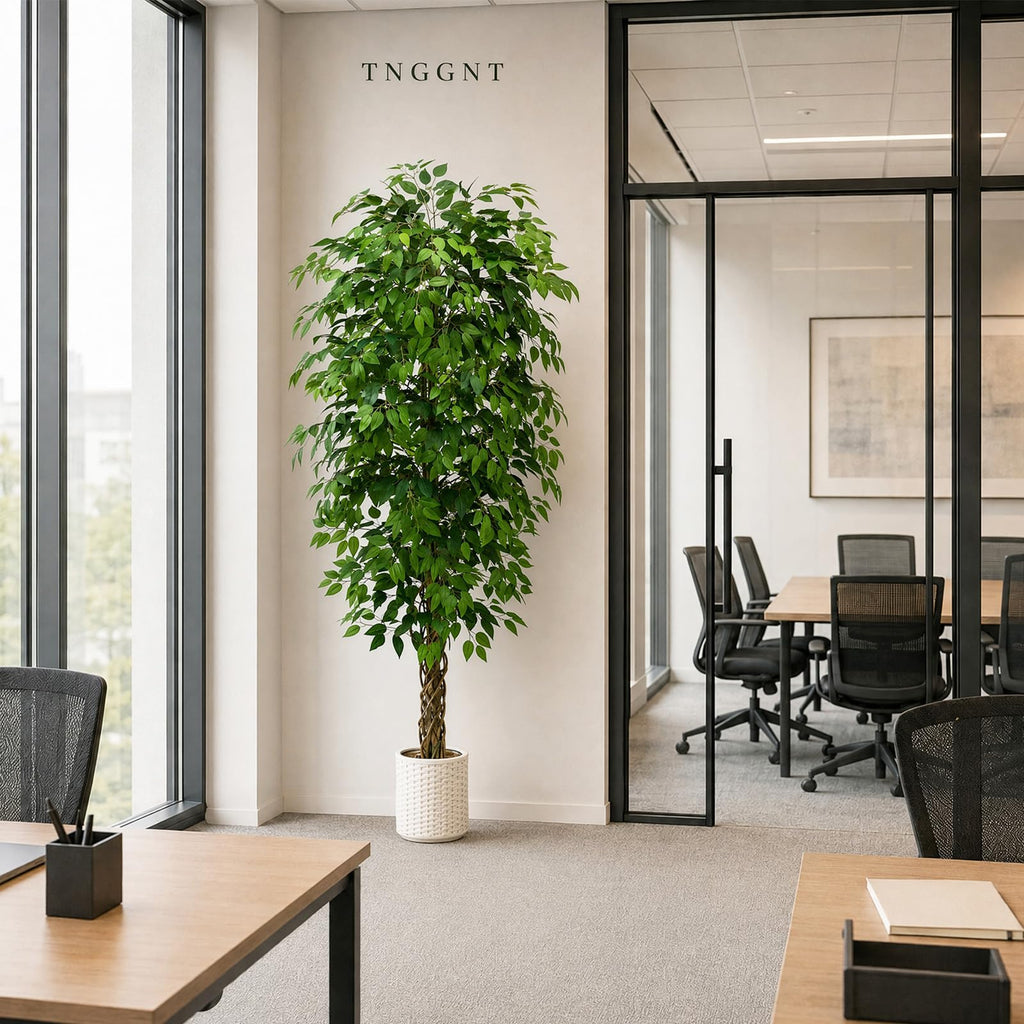 Artificial Ficus Tree:7FT Tall Faux Silk Floor Plant (White Planter)
