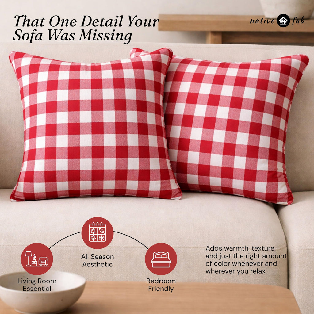 Throw Pillow Covers 2 Pack, 18x18 Inches, 100% Cotton, Classic Gingham Check Design, Decorative Cushion Cases, Rustic