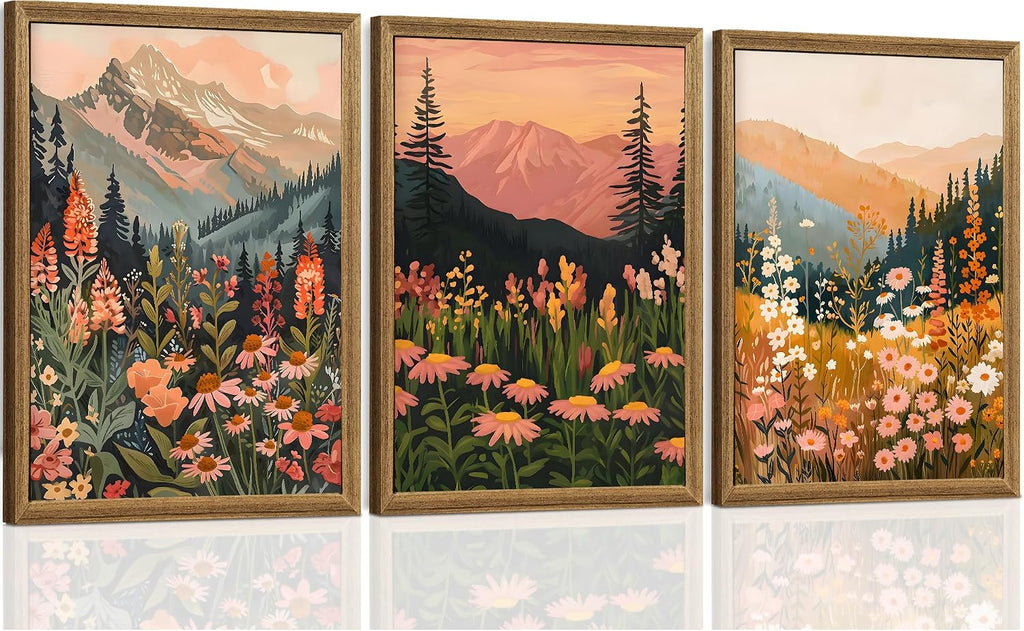 Framed Boho Abstract Landscape Mountain and Floral Canvas Wall Art Set of 3, Colorful Nature Botanical Paintings