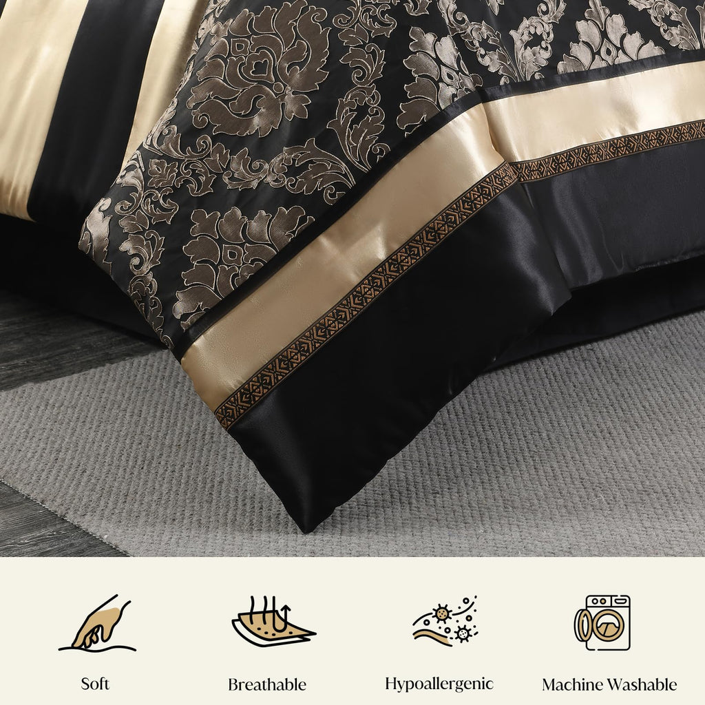 Black Gold Comforter Set, 7 Piece Luxury Damask Bed in a Bag