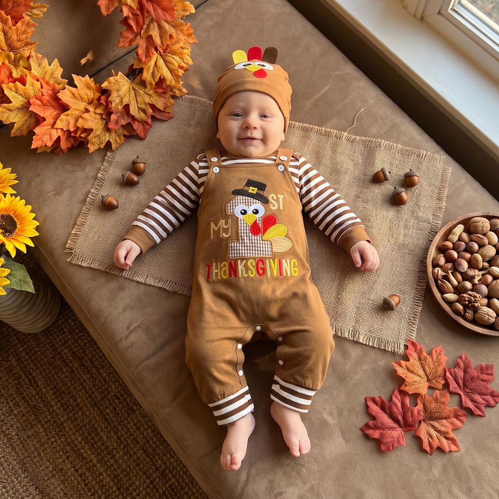 Newborn Baby Boy First Thanksgiving Outfit Stripe Long Sleeve Romper Turkey Overall Pants Hat Set 3Pcs Clothes