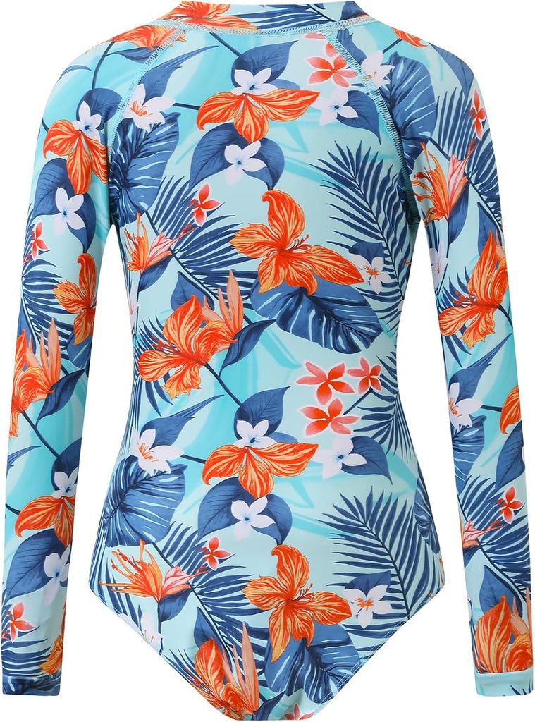 Girls Long Sleeve One-Piece Swimsuit: Bathing Suit Rash Guard UV Protection Zip Up