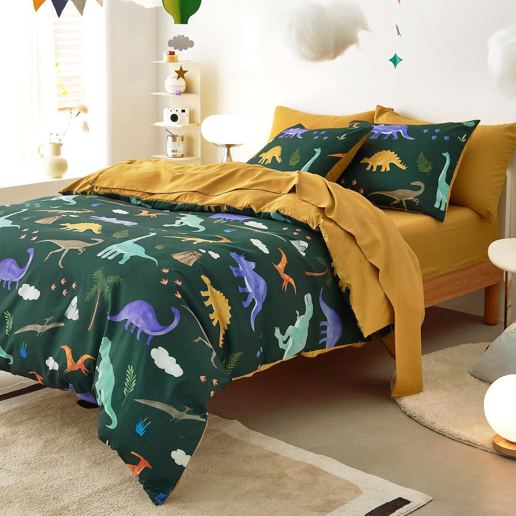 Dinosaur Bedding Set for Boys, Cute Colorful Dinosaur Dino, Soft Lightweight Comforter Set with Sheets, 5 Pieces Kids