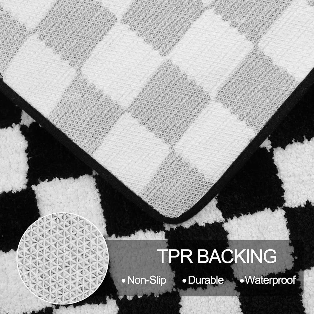 Bath Mats, Black and White Checkered Machine Washable Bathroom Rug Non Slip, 18x26 Water Absorbent Soft Microfiber