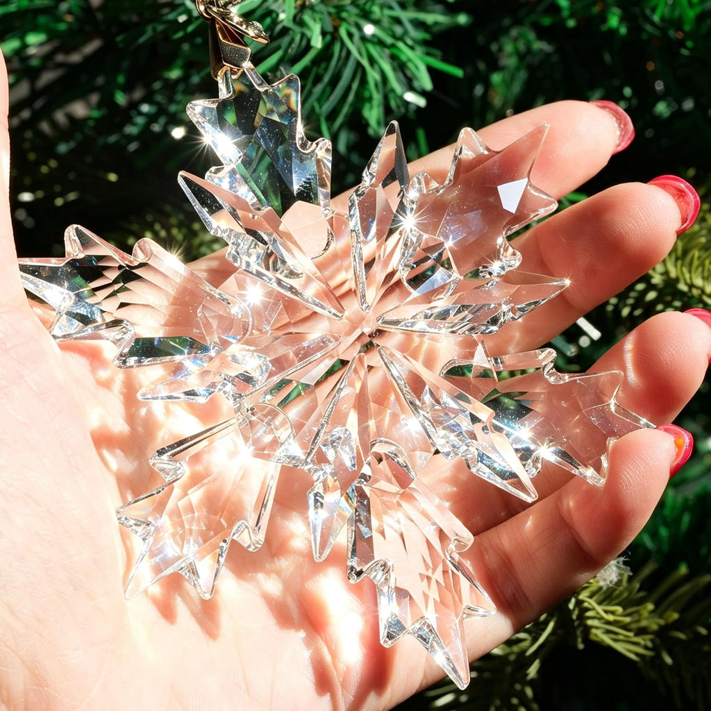 2026 Annual Christmas Ornaments Crystal Snowflake Star Clear White Faceted Crystal with Tone Metal Accents and Rayon