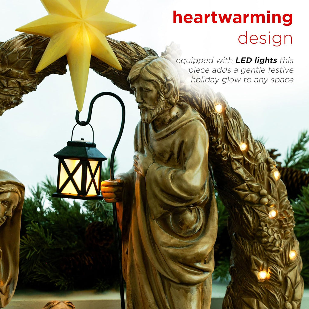 25" Tall Indoor/Outdoor Nativity Scene Lighted Holiday Decor with Warm White LED Lights, Christmas Displays, Brown