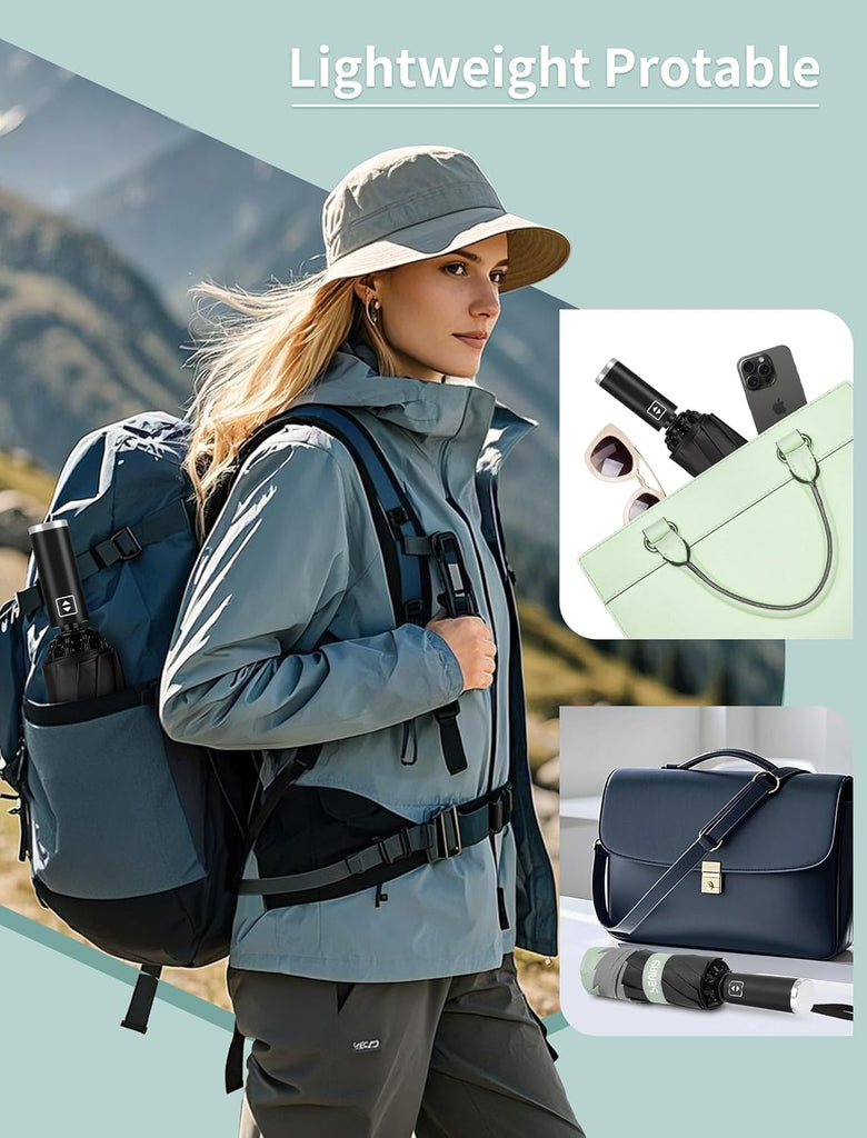 Inverted Travel Umbrella Compact - Windproof Umbrellas for Rain with Reflective Strip, Small UV Umbrella for Sun