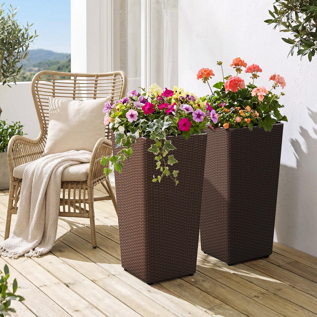 Tall Planters Set of 2, 24"H Tapered Rattan Planter, Brown