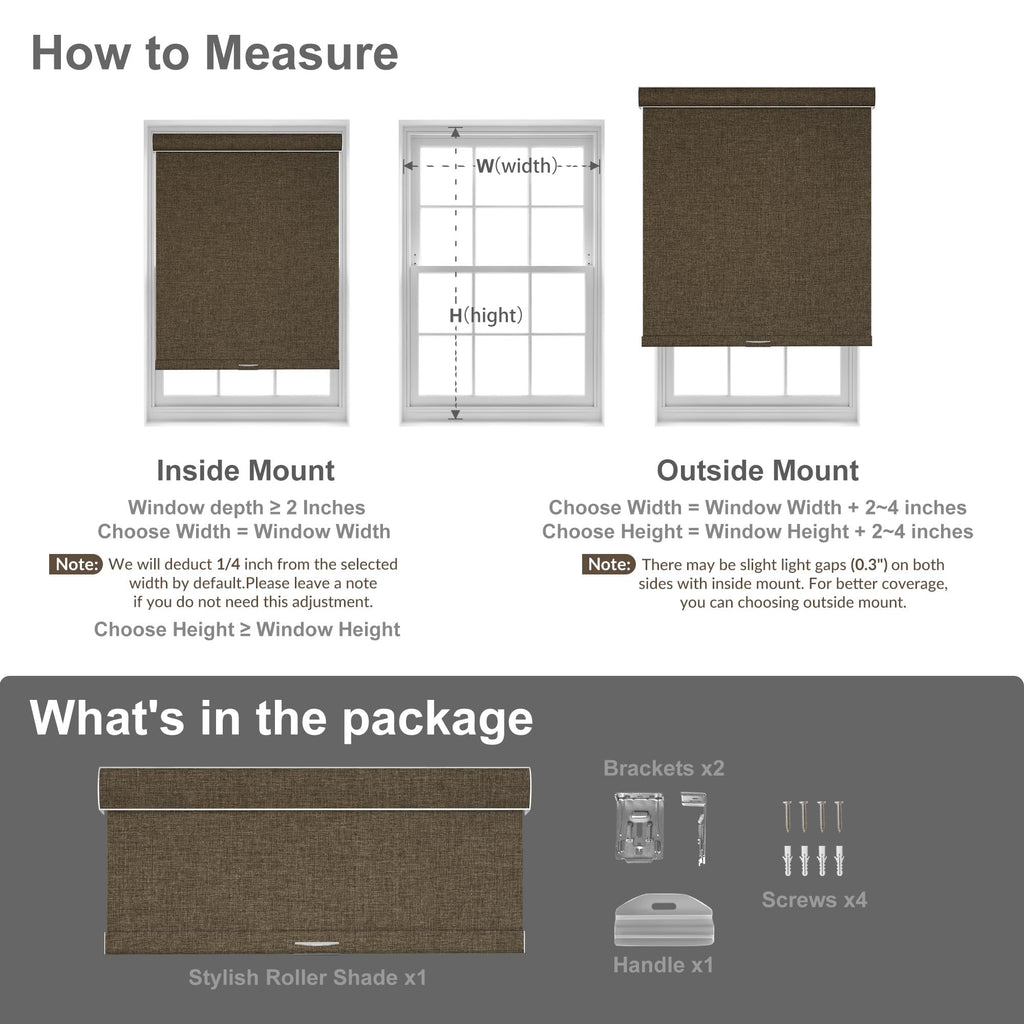 Blackout Roller Shades for Windows, Brown, Custom Size