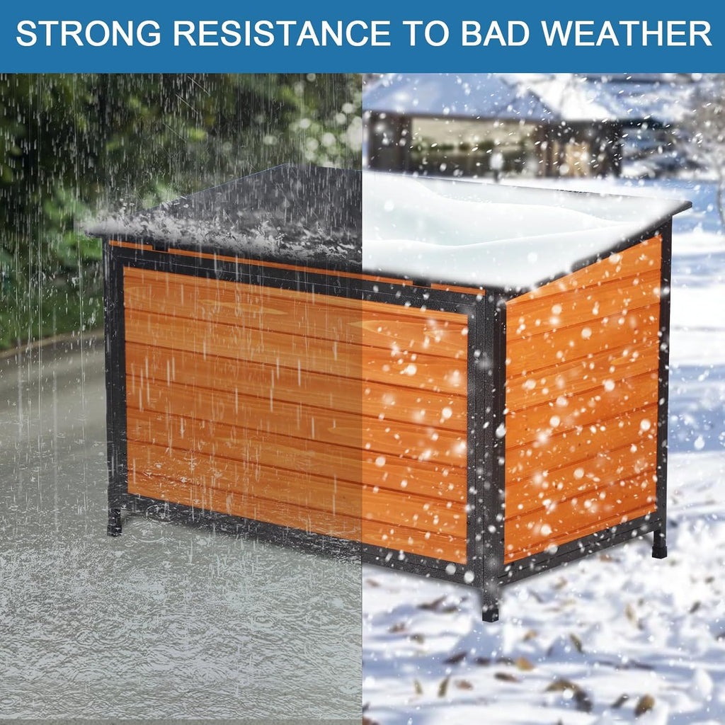 Outdoor Insulated Wooden Dog House Weatherproof Chew Resistant Metal Frame