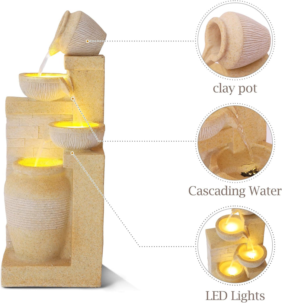 Outdoor Water Fountain, 4 Tiered Waterfall Fountains with LED Lights, Garden Bowl Waterfalls
