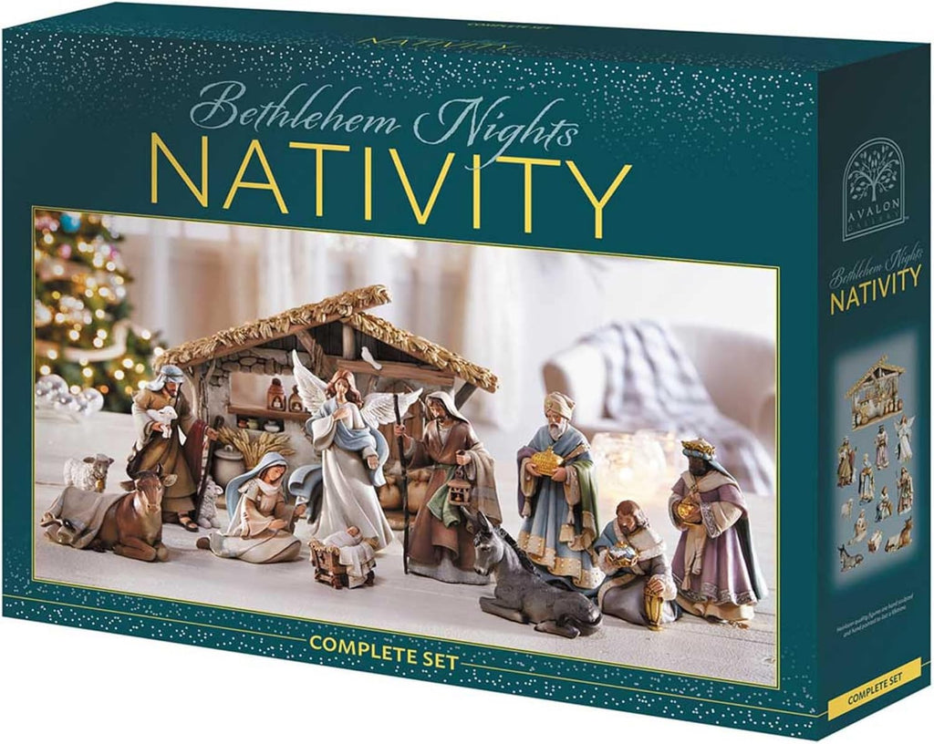 Nights Christmas Nativity Scene Figurines with Creche, 12 Piece Set