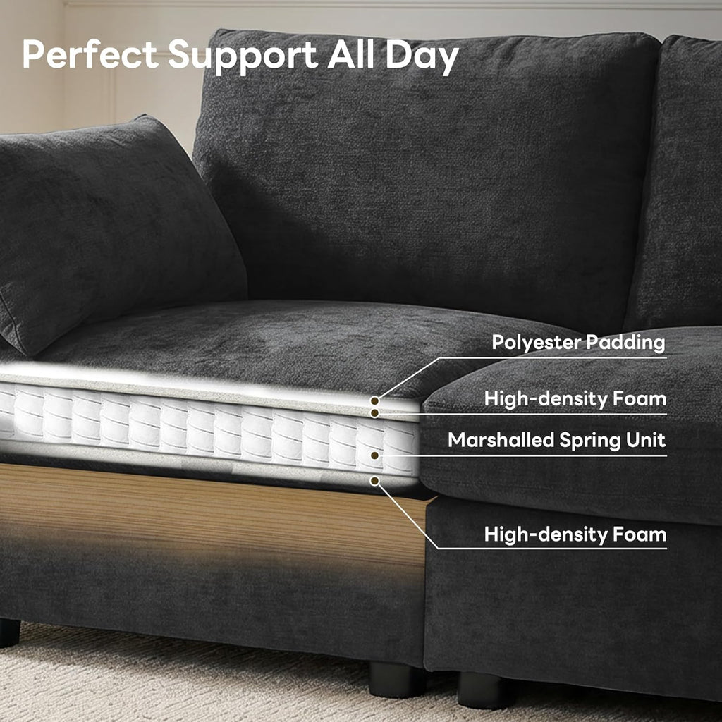Sectional Couch , Comfy L Shaped Convertible Sofa, 4 Seater Modern Chenille Sofa with Ottoman,Black
