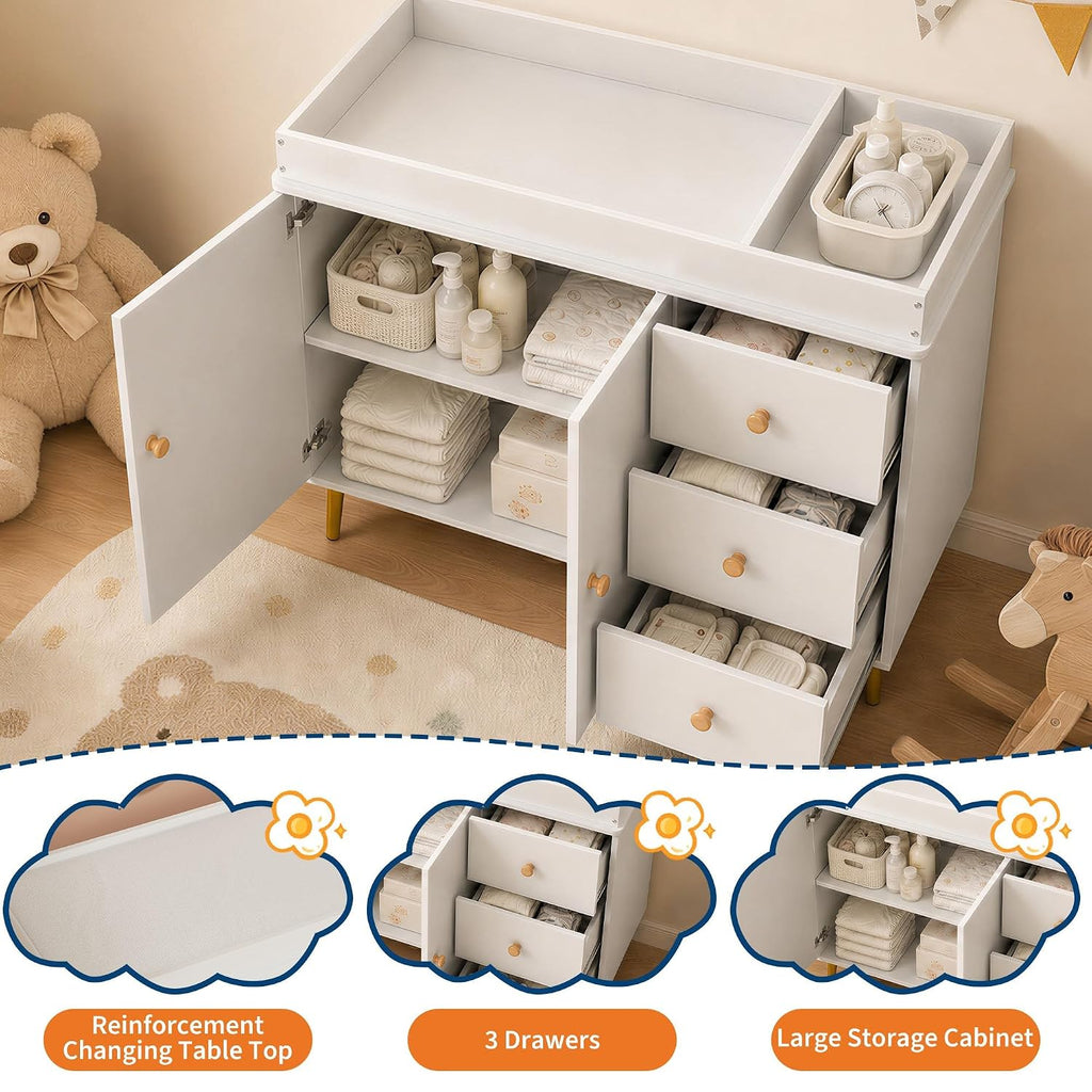 Baby Changing Table, White Wooden Dresser with 3 Drawers and Cabinet | Diaper Station with Waterproof Changing Pad