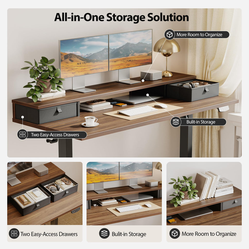 Electric Standing Desk with Drawers & Shelf, 48*24", Dark Walnut