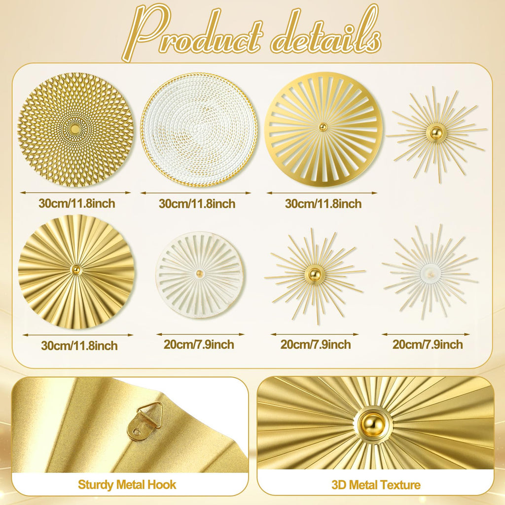 White Gold 8 Pcs Wall Decor Round Modern Metal Plate Art