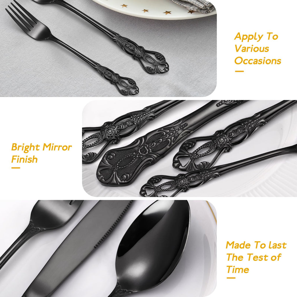 Gorgeous Retro Royal Black Silverware Set For 8, 40 Pieces Flatware Service 8, Stainless Steel Anti-rust Dark Fine