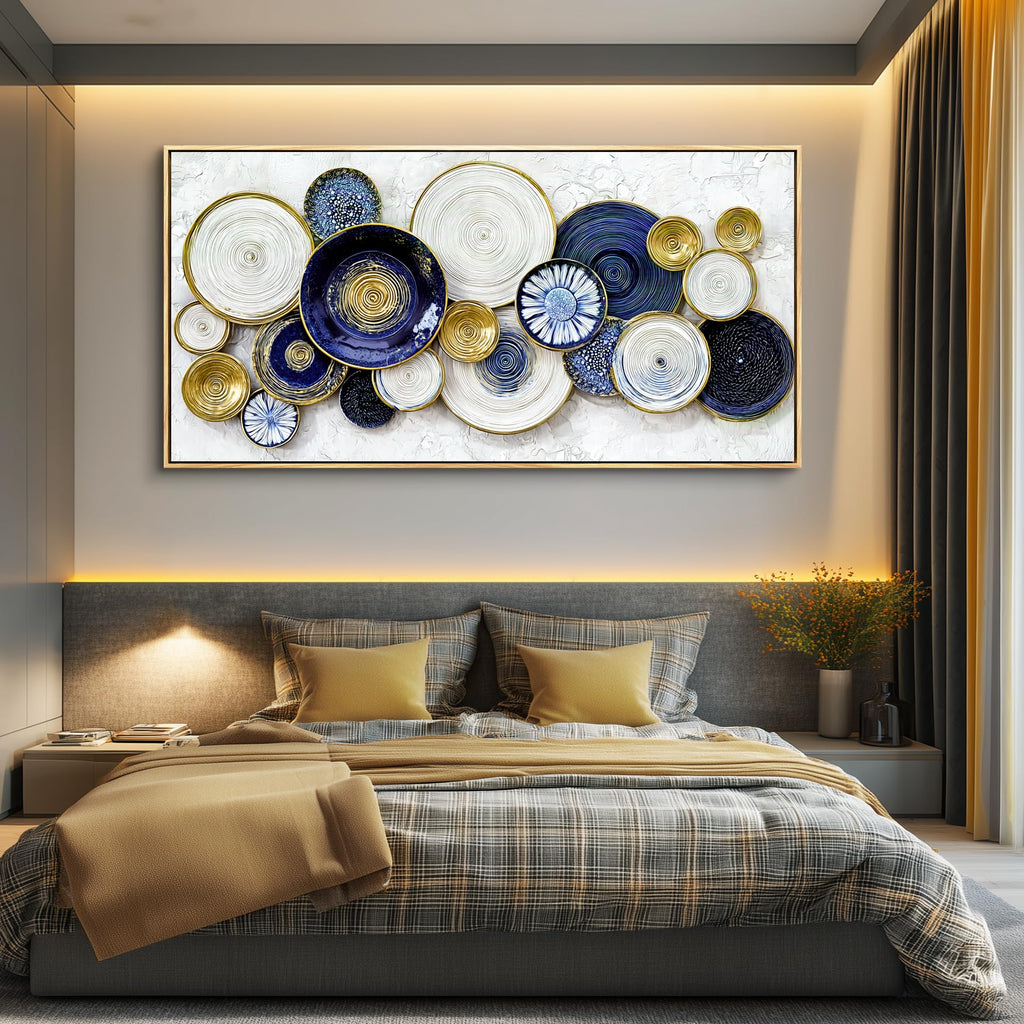 Canvas Wall Art Wall Decor Office Wall Decoration Blue Swirl Gold Trim Landscape Painting Abstract Pictures Artwork