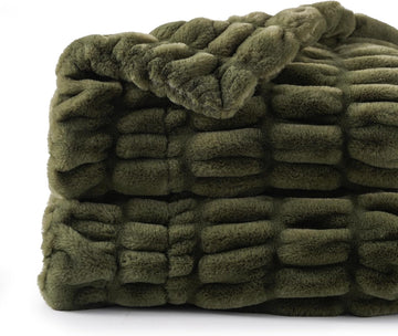 Super Soft Faux Fur Throw Blanket for Couch, 50"x60", Double Side | Olive Green Throw Blanket, Bubble Blanket, Cozy