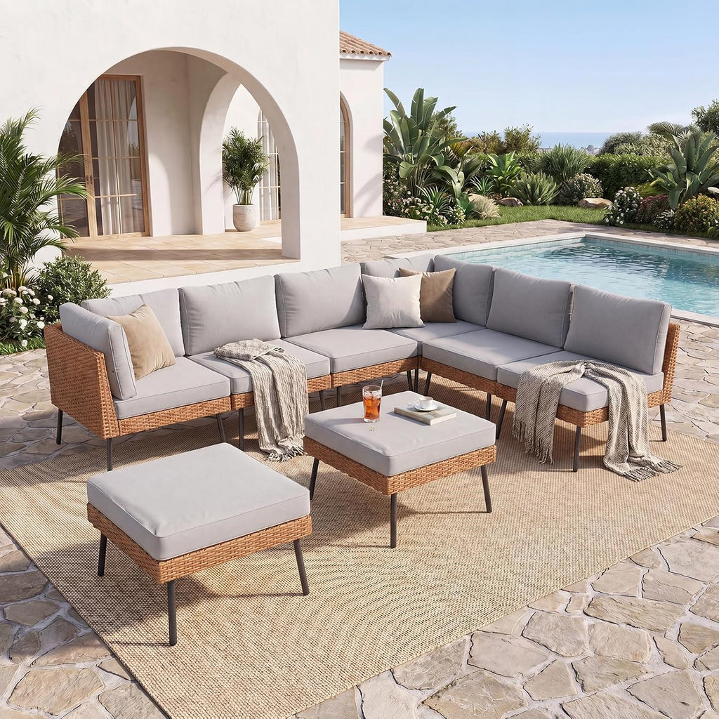 8 Piece Patio Furniture Set, 8 Seats Outdoor Sectional Sofas with Thick Cushion, Wicker Outdoor Patio Furniture Set