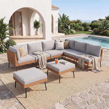 8 Piece Patio Furniture Set, 8 Seats Outdoor Sectional Sofas with Thick Cushion, Wicker Outdoor Patio Furniture Set