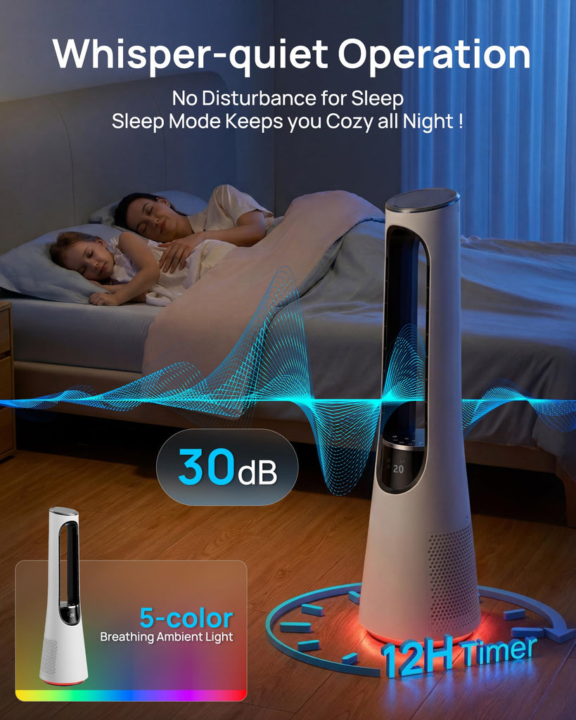 38" Bladeless Tower Fan, 120° Oscillation Quiet Standing Fans, 20 Speeds & 4 Modes, Ambient Light, Remote Control
