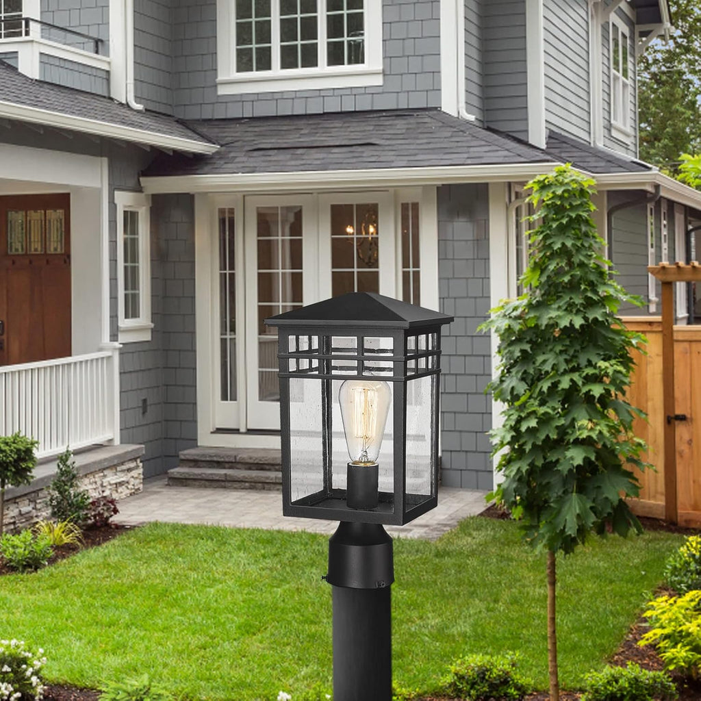 Outdoor Post Light Fixture, Modern Exterior Pillar Lantern with Black Finish & Seeded Glass, Pole Light for Garden