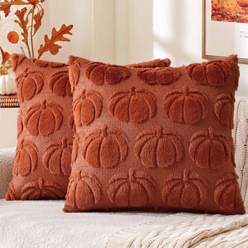 Fall Rust Pumpkin Faux Fur Throw Pillow Covers 20x20 Set of 2
