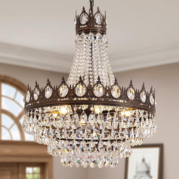 Vintage Crystal Chandeliers for Dining Room Light Fixture, 9-Light Antique Bronze French Empire Chandelier for Foyer Entryway Kitchen Island Bar Living Room, D24 x H27