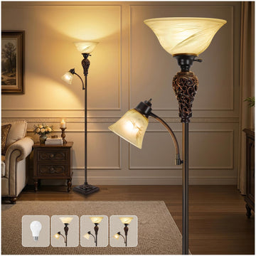 Vintage Torchiere Floor Lamp with Adjustable Reading Light, 72" Tall, Brown