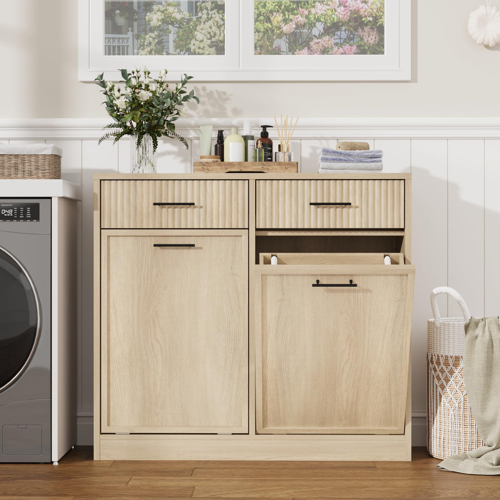 20Gal Double Tilt Out Laundry Hamper Cabinet with Drawers, Natural