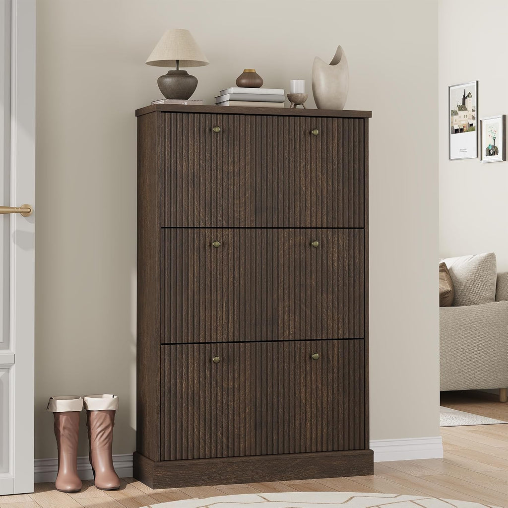 Fluted Shoe Cabinet Storage with 3 Flip Drawers, Wooden Fluted Narrow Shoe Organizer with Adjustable and Removable