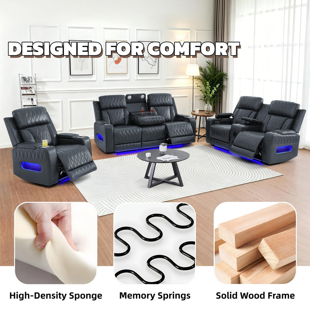 Breathing Leather Power Reclining Sofa Set, Living Room Furniture Set with Recliners, Leather Couch Loveseat and