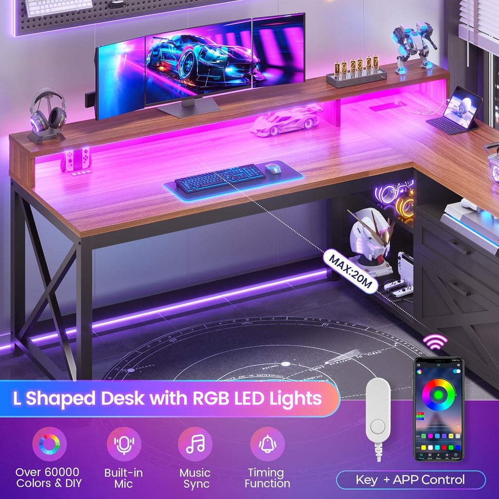 L Shaped Gaming Desk with Drawers, 55" Farmhouse Computer Desk with File Drawer and Storage Shelves, Corner Gaming