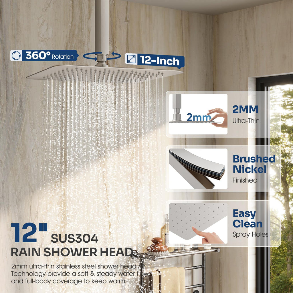 Ceiling Mount Shower System with 12" Rain Head, Handheld & Valve