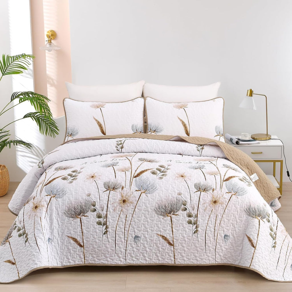 King Quilt Set Floral,3 Pieces Khaki/Beige Farmhouse Quilts Lightweight Fall Bedspreads Flower Pattern Coverlet Bed
