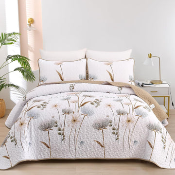 King Quilt Set Floral,3 Pieces Khaki/Beige Farmhouse Quilts Lightweight Fall Bedspreads Flower Pattern Coverlet Bed