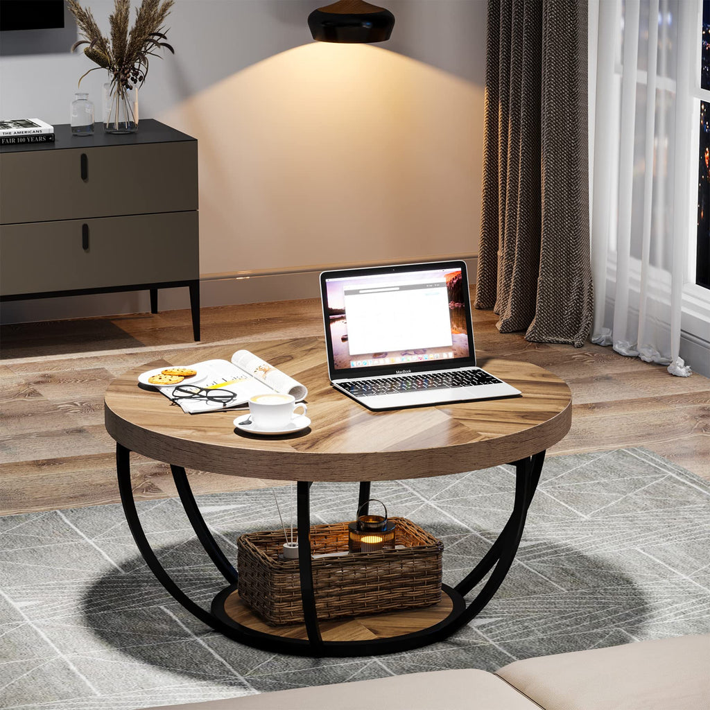 31.7" Round Wooden Coffee Table with Storage Pedestal