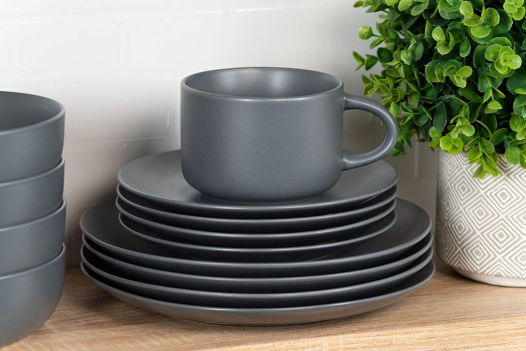 Wazee Matte Coupe Dinnerware Set, 16 pc, Charcoal Gray