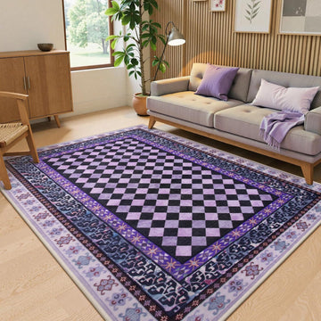 Washable Checkered Area Rugs, Non Slip Purple Trellis Living Room Rug, Low Pile Soft Funky Checked Throw Carpet