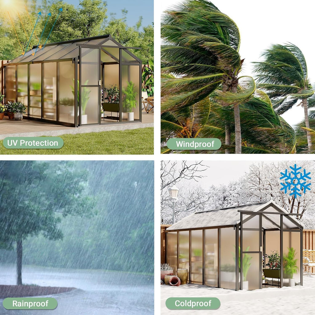 6x10 FT Greenhouse, Outdoor Sliding Door, Polycarbonate Greenhouse with Aluminum Frame, Lockable Door and Ajustable
