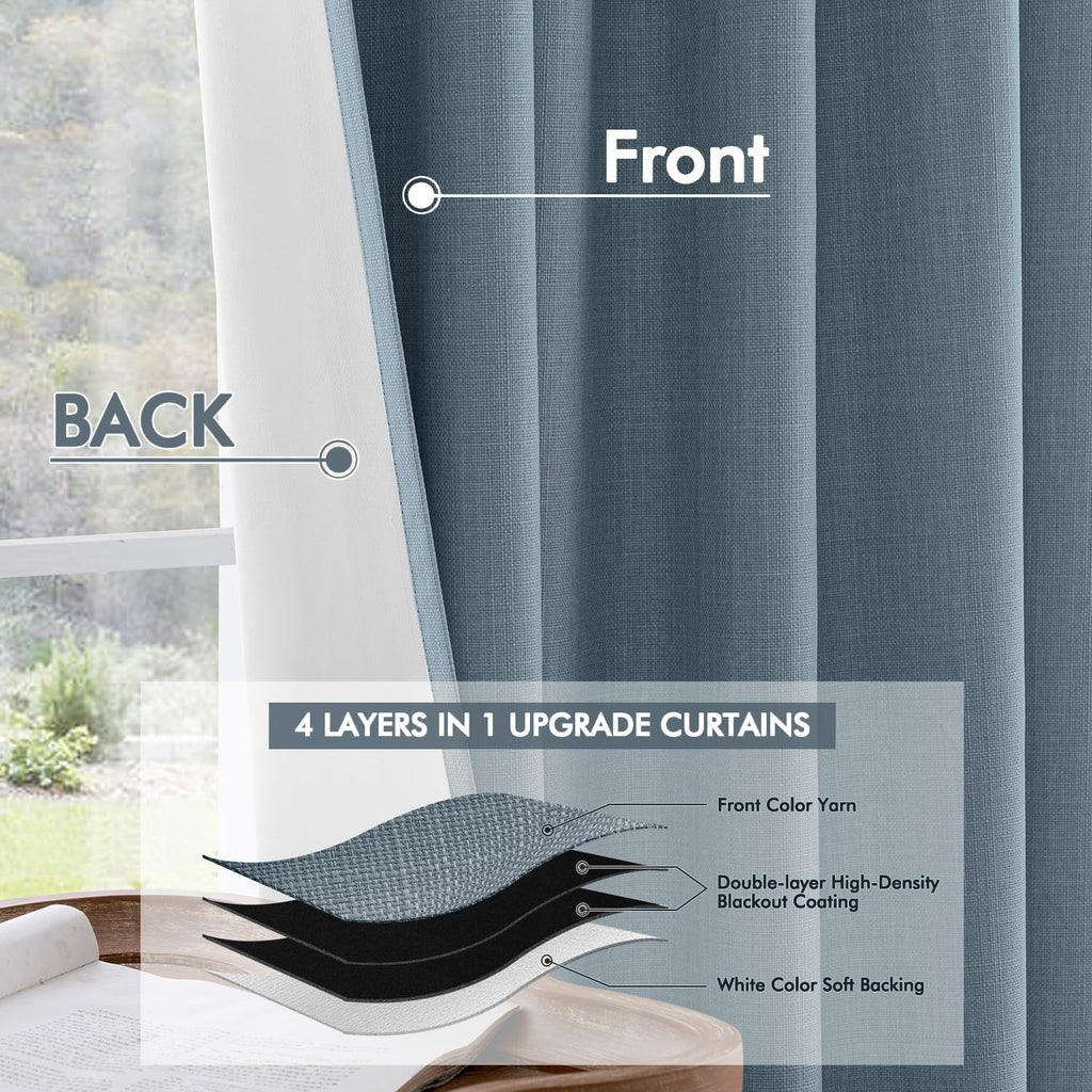 100% Blackout Back Tab Pleat Linen Curtains 50" Wx120 L, Stone Blue