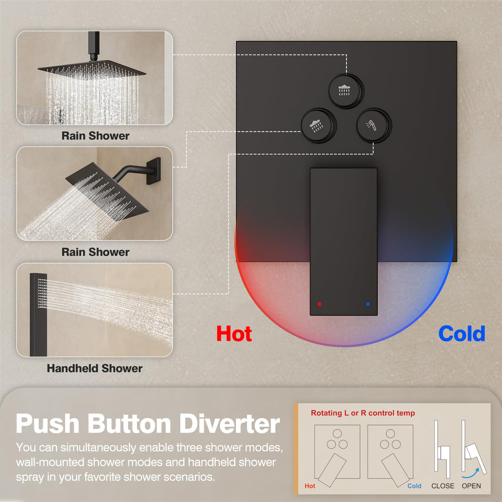 Black Shower System, All Metal Dual Rain Shower Head with Handheld