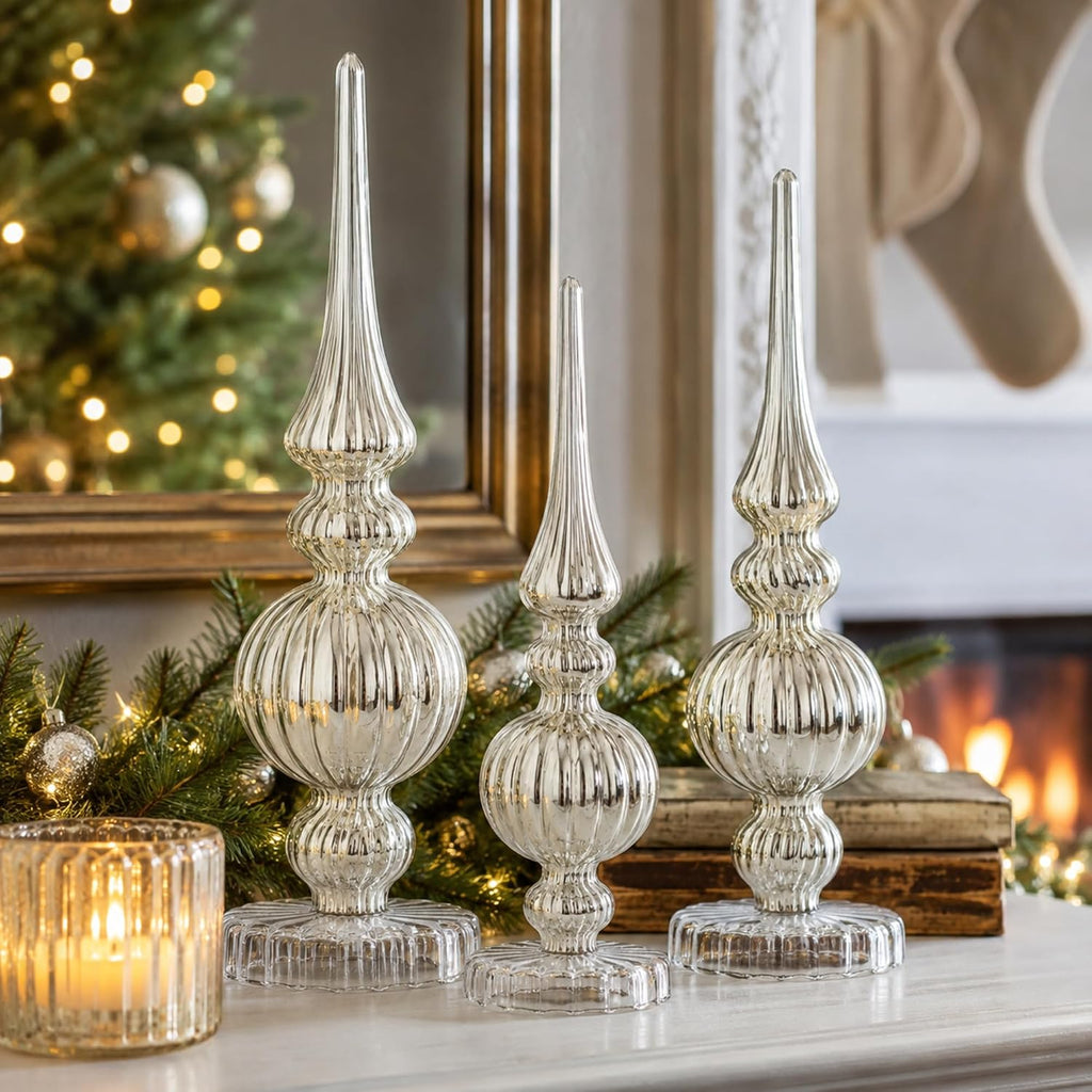 Set of 3 Mercury Glass Finial Christmas Figurines, Silver