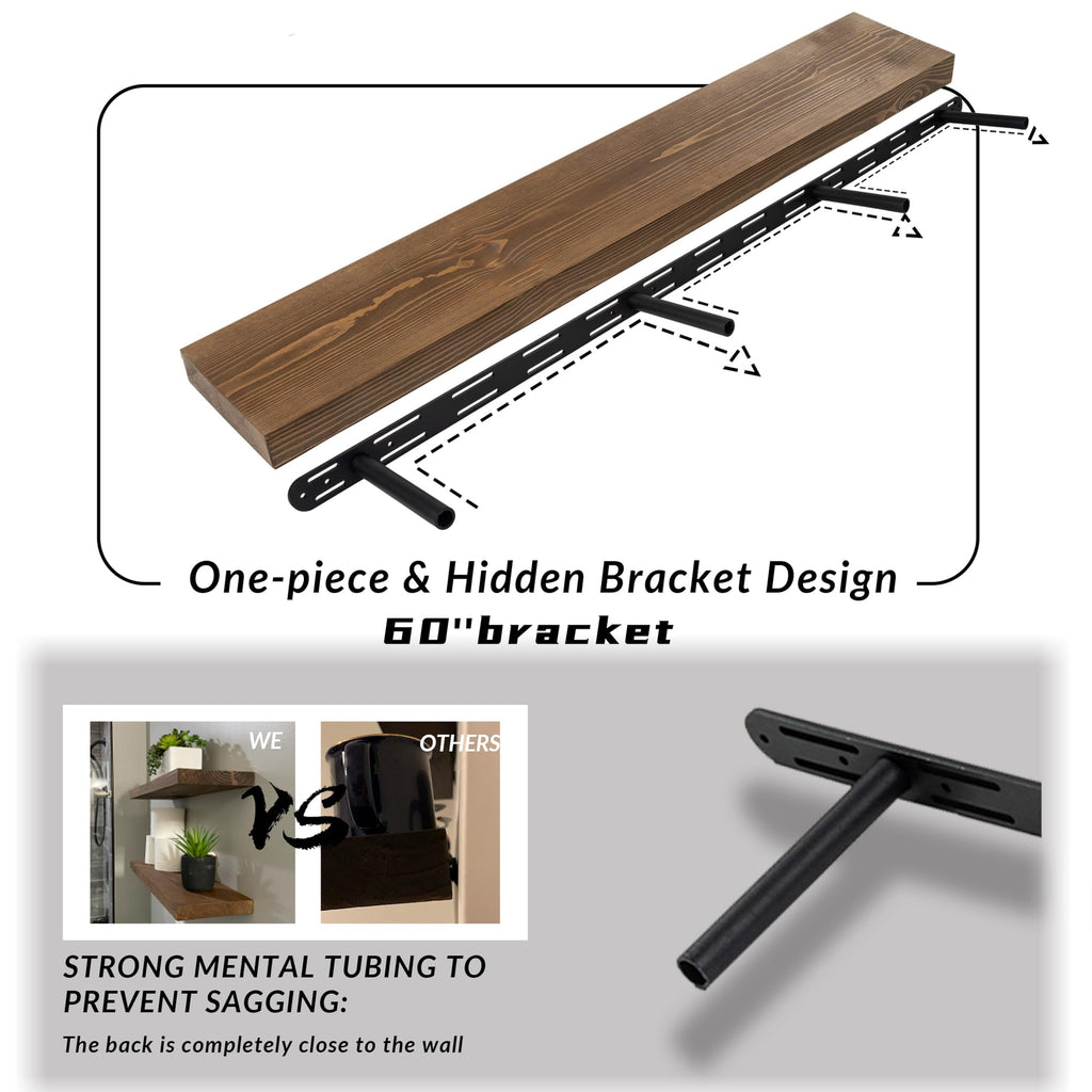 60 Inch Floating Shelves, 8-Inch Deep High-End Solid Wood Long Floating Shelves for wall Set of 2, Rustic Walnut Wall