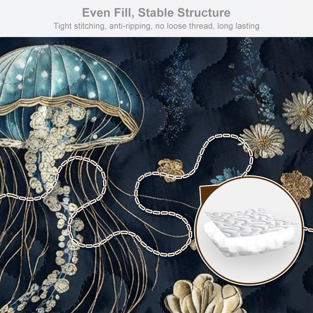 Ocean Jellyfish Quilt Set Navy Blue Floral Sea Life Bedding with Artistic Jellyfish Print for Modern Coastal Bedroom