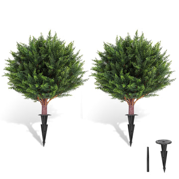 Artificial Cypress Topiary Tree, 25 Inch 2 Set Outdoor Faux Cypress Bush Plants, Indoor Ball Trees with Ground Spike
